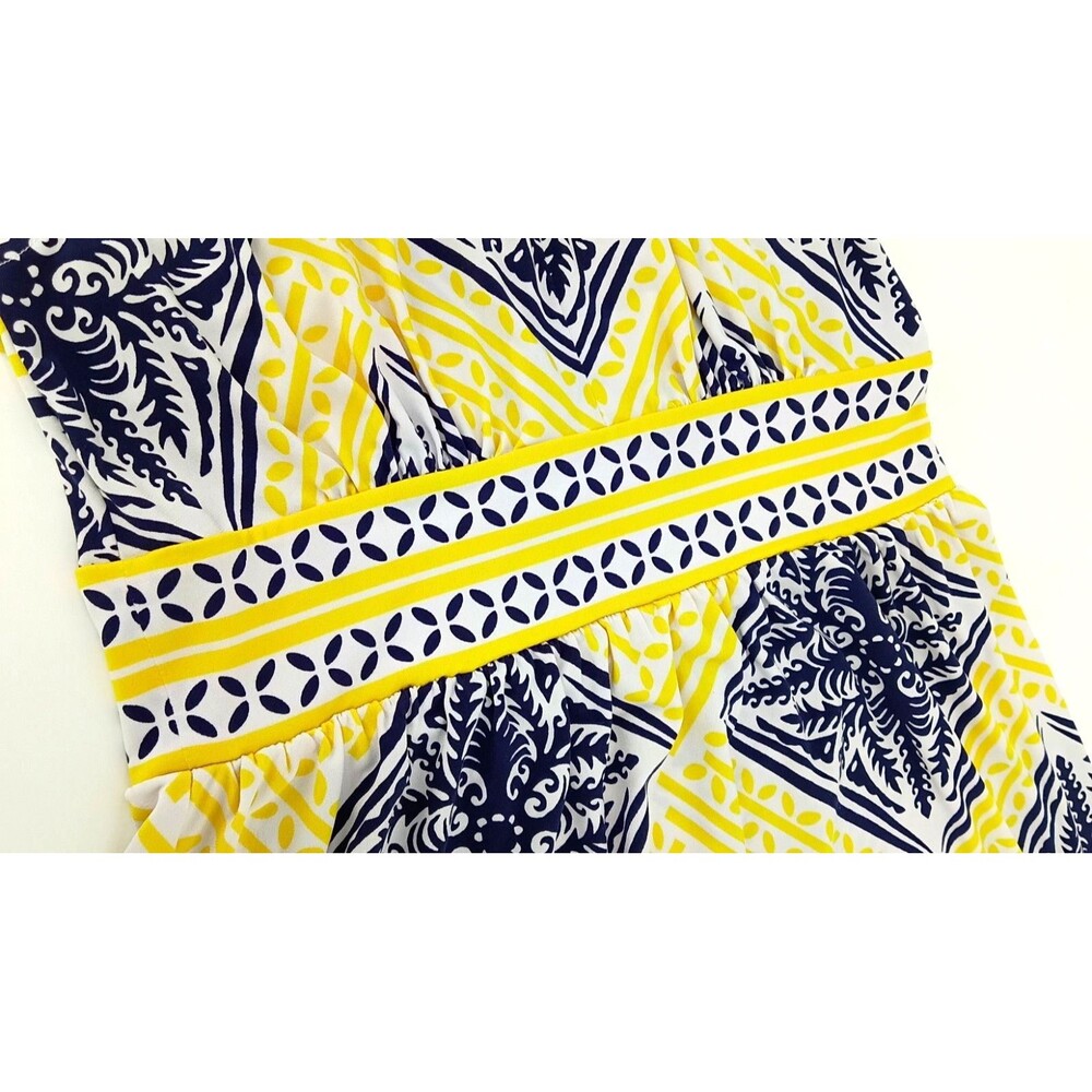 Coastal Mediterranean Halter Sheath Dress Blue Yellow Tile Print Preppy Resort 6 - Picture 6 of 11